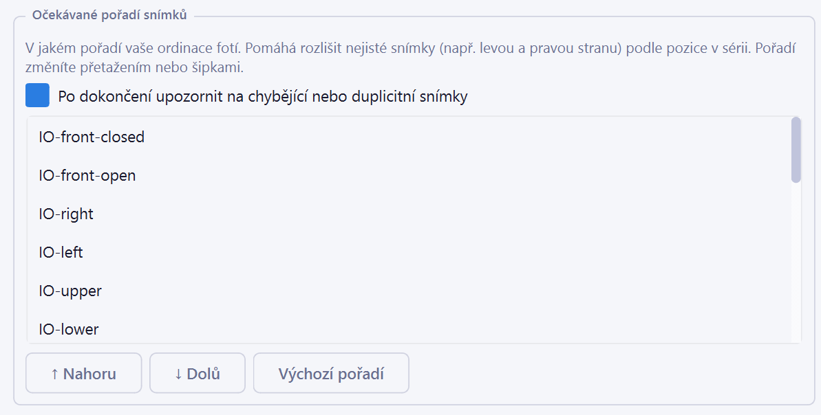 Nastavení: pořadí snímků, přetahování