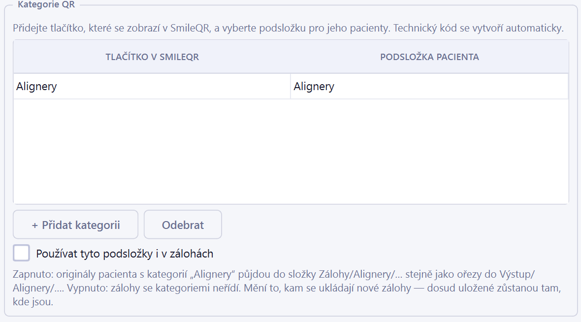 SmileQR s tlačítky kategorií pacientů