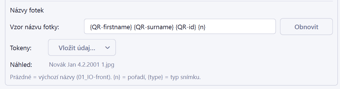 Nastavení → Složky: stavitel názvů fotek s náhledem