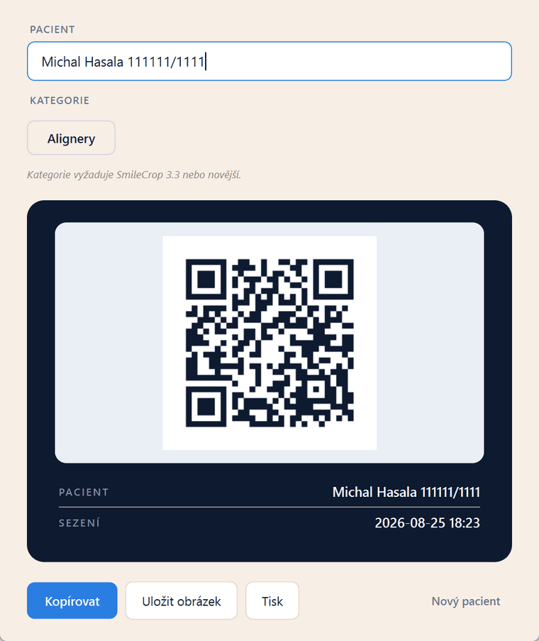 SmileQR s vygenerovaným kódem
