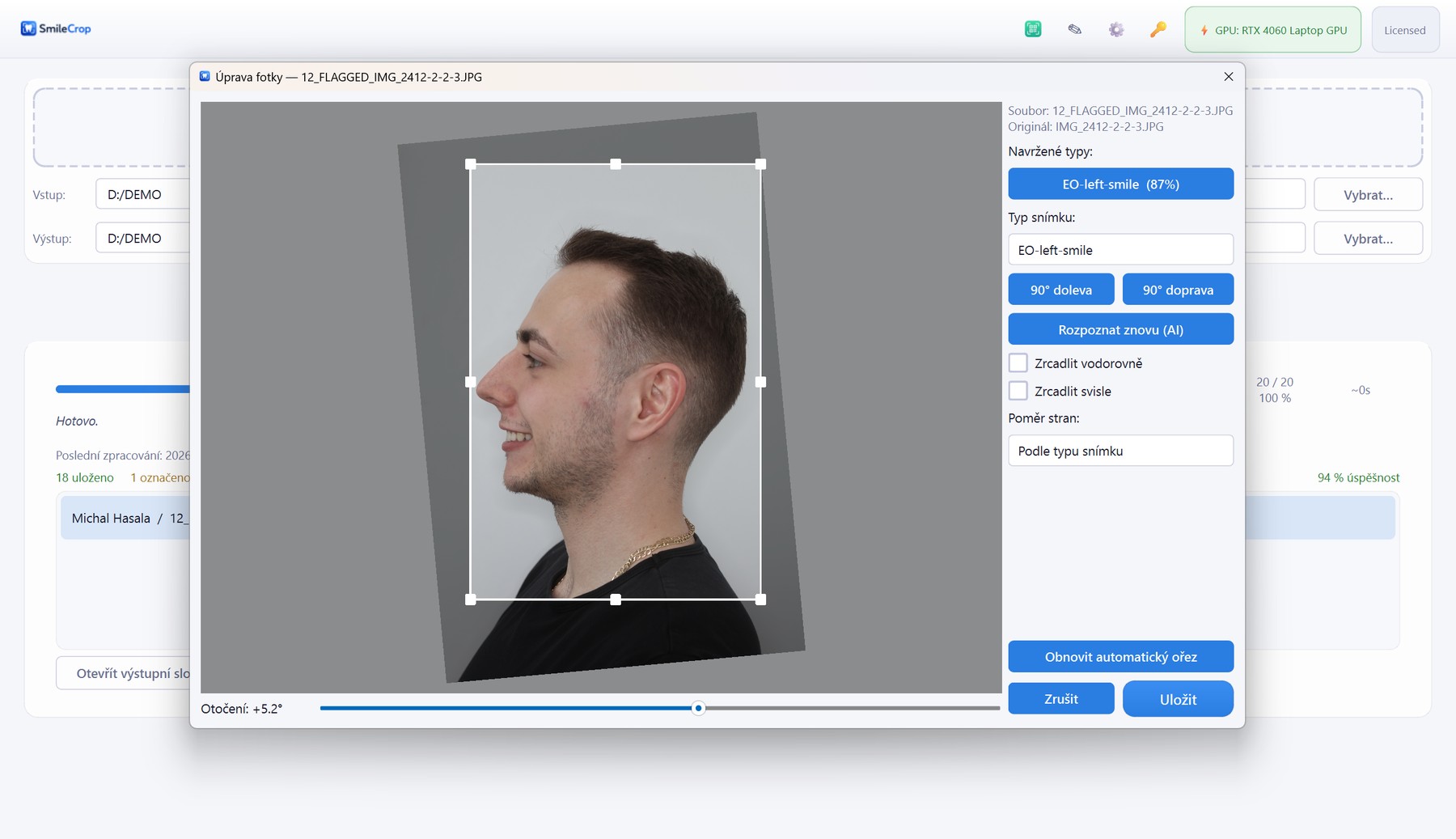 Editor SmileCrop — návrh ořezu, rotace a typu snímku